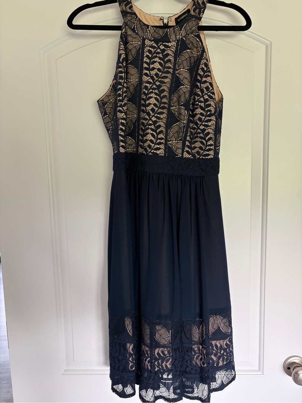 le chateau Navy and Nude Lace-Overlay Midi Dress
